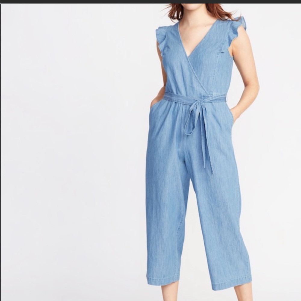 Denim/chambray ruffle sleeve jumpsuit